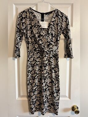 Weekend Max Mara Floral Jersey Dress S Black Beige Ruched V Neck 3/4 Sleeve